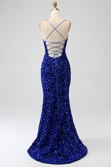 Sparkly Royal Blue Mermaid Spaghetti Straps Sequin Long Ball Dress With Split